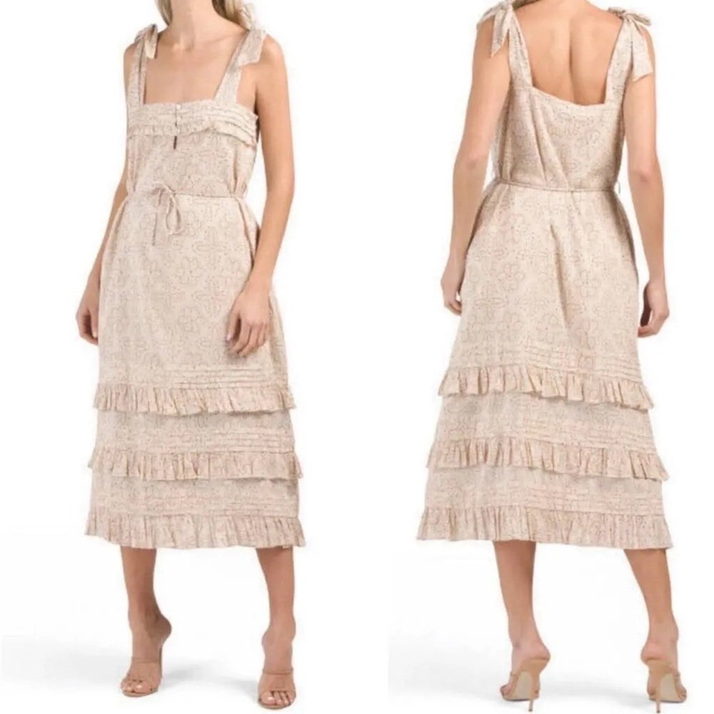 Cleobella Zane Ruffled Cottage Midi Dress in Cream Dotted Floral Prints